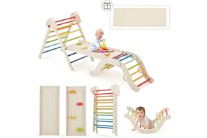 HOMMOW 7-in-1 Pikler Triangle Set with Cushion, Wooden Pikler Triangle Climbing Set with Arch, Ramp & Ladder, Large Foldable Montessori Jungle Gym, Indoor Climbing Toys for Toddlers-Rainbow