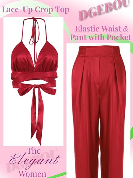 AI’MOURI SEXY 2 PIECE OUTFITS FOR WOMEN, SUMMER SATIN SLEEVELESS LACE-UP CROP TOPS AND WIDE LEG PANTS MATCHING SETS (RED, S)
