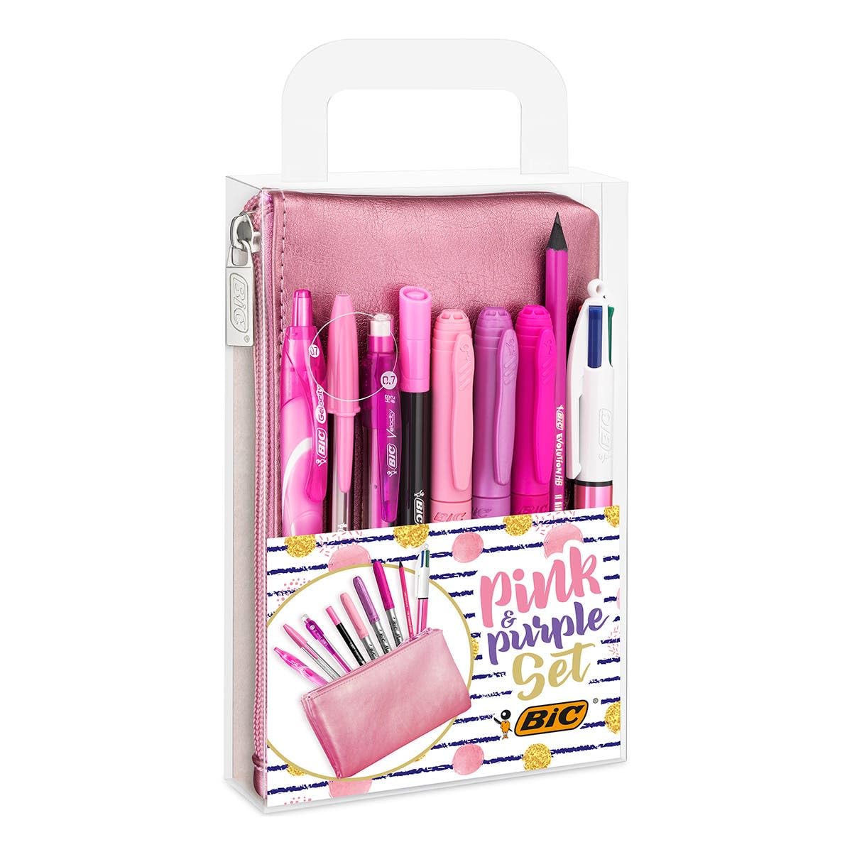 BIC Pink & Purple Set - 1 Pencil Case, 2 Ball Pens/1 Erasable Gel Pen/1 Graphite Pencil with Eraser/1 Writing Felt Pen/3 Permanent Markers/1 Mechanical Pencil