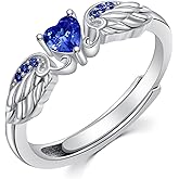 EUSJ Angel Promise Ring 925 Sterling Silver Angel Wing Heart Ring for Women Angel Memorial Ring with Heart Birthstone Promise Ring Adjustable Size 7