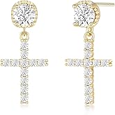 Pevoria Cross Earrings For Women 14K Gold Plated Dangle Drop Earrings Sterling Silver Post Cubic Zirconia Religious Hypoallergenic