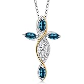 Cross Necklace For Women In 925 Silver and 10K Yellow Gold with Lab Grown Diamond and London Blue Topaz | 1.54 Cttw | Jesus Christian Religious Crucifix | Marquise Cut 8X4MM | With 18 Inch Chain