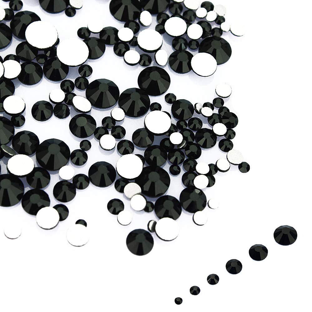 LolliBeads Resin Crystal Round Nail Art Mixed Flat Backs Acrylic Rhinestones Gems,Mix Size 1.5-5 mm, Color Black (1200Pcs)
