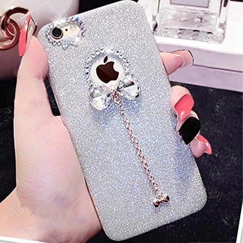Etsue Glitter Silicone Case for iPhone 6s/iPhone 6, Elegant Luxury Women Girl Bowknot Pendant Design Crystal Rhinestone Bling Glitter Shiny Sparkle Diamond Soft Rubber Case TPU Bumper Protective Cover for iPhone 6s/iPhone 6 +Blue Stylus Pen+Bling Glitter Diamond Dust Plug(Colors Random)-Bowknot Silver