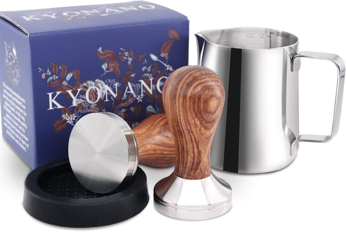 New! KYONANO Wood Espresso Tamper 51mm, Coffee Tamper with Dalbergia Odorifera Handle, Incl. Free Milk Frothing Pitcher 12oz/350ml, Espresso Tamper Mat