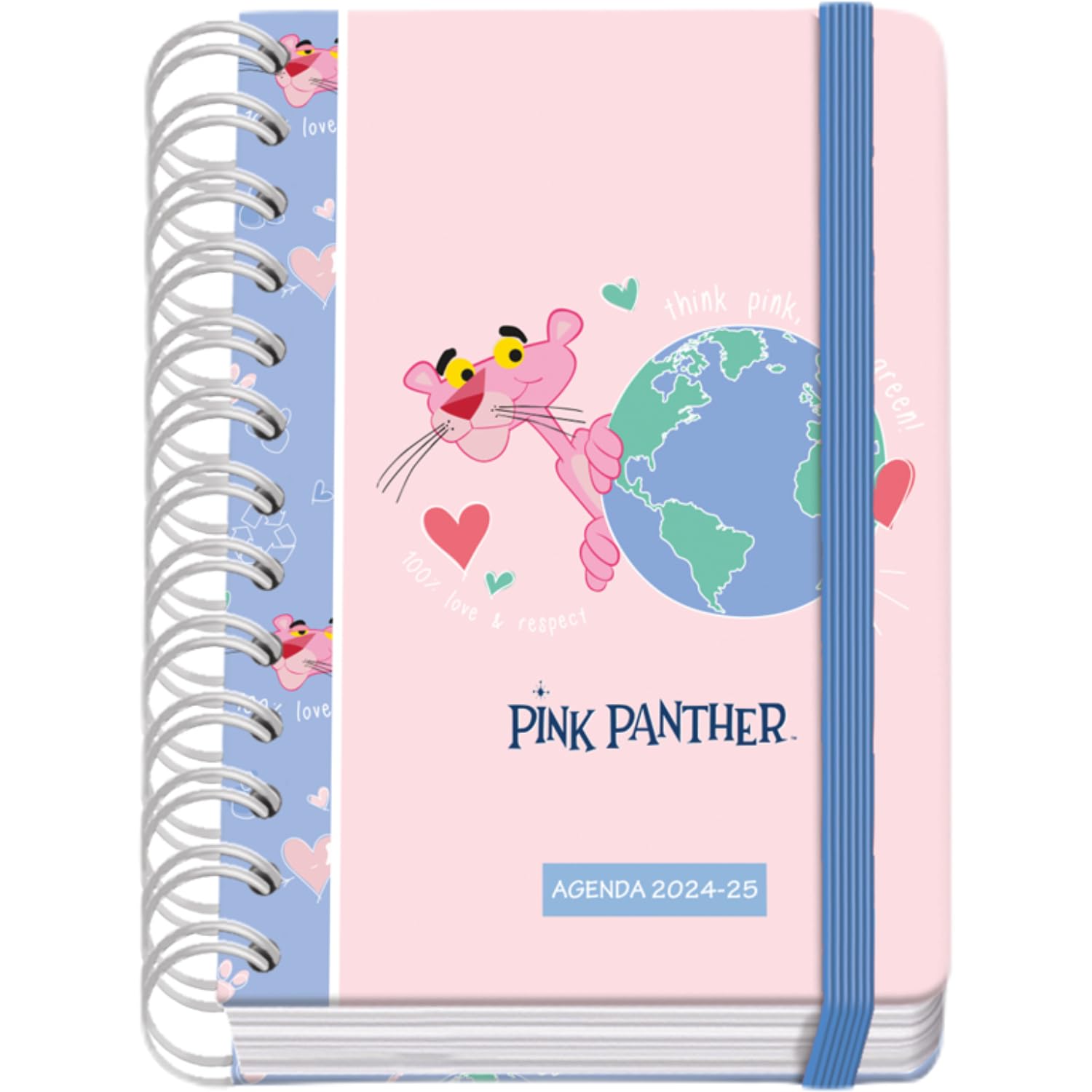 Dohe - School Diary 2024 2025 – Day by Page, Size A6 (12 x 17 cm), Ring Closure and Rubber, Spanish and English, 4 Sticker Pages, September to June, School Supplies - Pink Panther ecoPink
