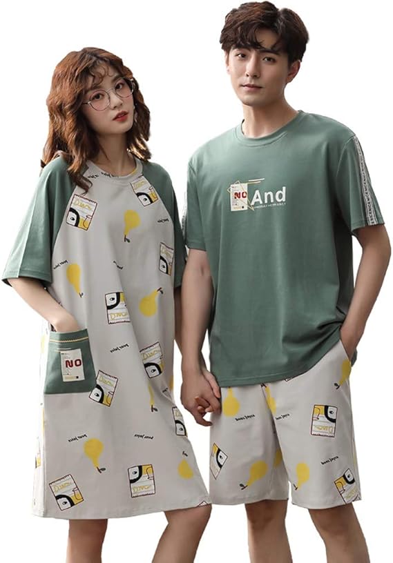 Amazon ペアルック カップル2着セットパジャマ レディース ワンピース 綿 ペア パジャマ ペアルック ルームウェア ペア セットパジャマ メンズ ギフト カップル 半袖 夏 部屋着 寝間着 上下セット お揃い 結婚祝い 記念日 緑 パジャマ 通販