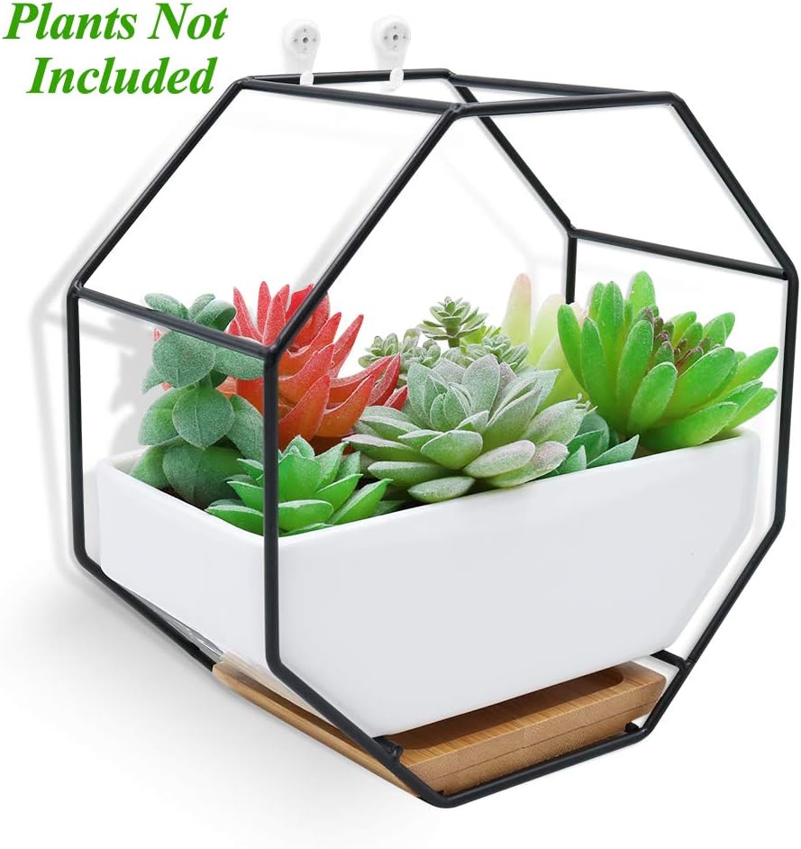 XiaZ Wall Hanging Planter Vase White Rectangular Ceramic, Iron Stand and Bamboo Saucer, Succulent Air Plants Cactus Pearls Holder Container, Flower Pots for Desk, Home Decoration