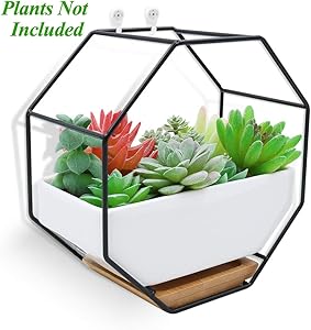 XiaZ Wall Hanging Planter Vase White Rectangular Ceramic, Iron Stand and Bamboo Saucer, Succulent Air Plants Cactus Pearls Holder Container, Flower Pots for Desk, Home Decoration