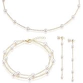 Liliaafar Gold Jewelry Set for Women Gold Plated Pearl Necklace and Earring Set With Drop Earrings,Pearl Necklace,Adjustable Bracelets - Dainty Women's Pearls Jewelry Sets For Wedding Gifts
