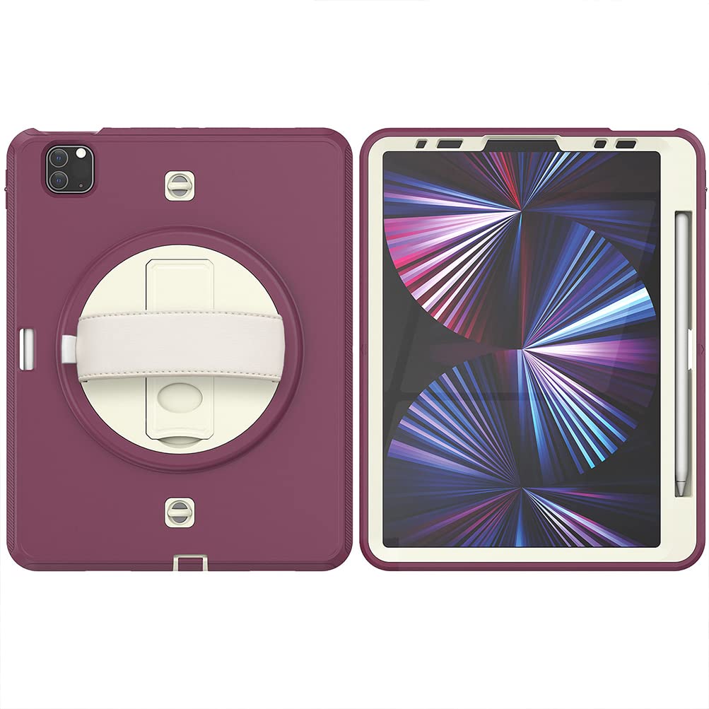 Case for iPad Pro (2018/2020/2021) 11" and Air4/5 (2020/2021) 10.9" Impact-Resistant TPU Case with Pen Slot and Shoulder Strap, Off White + Dark Red