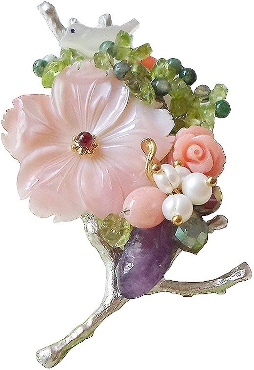 HANABE Women Handmade Mother of Pearl Crystal Cultured Pearl Luxury Beaded Brooch Pin Pendant Pink