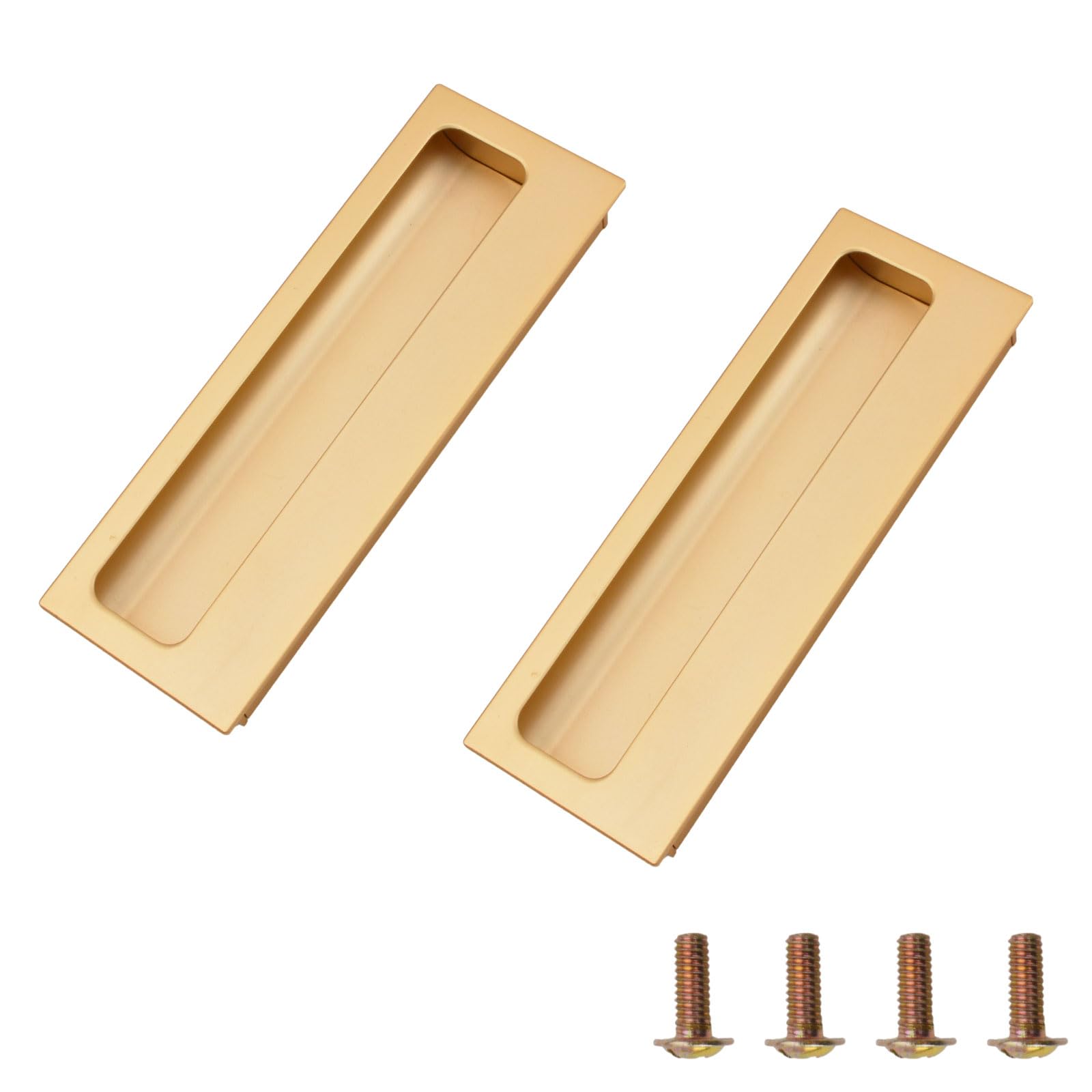 MOROBOR Aluminum Alloy Flush Pull Handles, 2pcs Modern Barn Door Handles with 4pcs Stainless Steel Flat Head Screws, Hidden Cabinet Handles for Sliding Barn Door Drawer Cupboard Wardrobe (Gold)