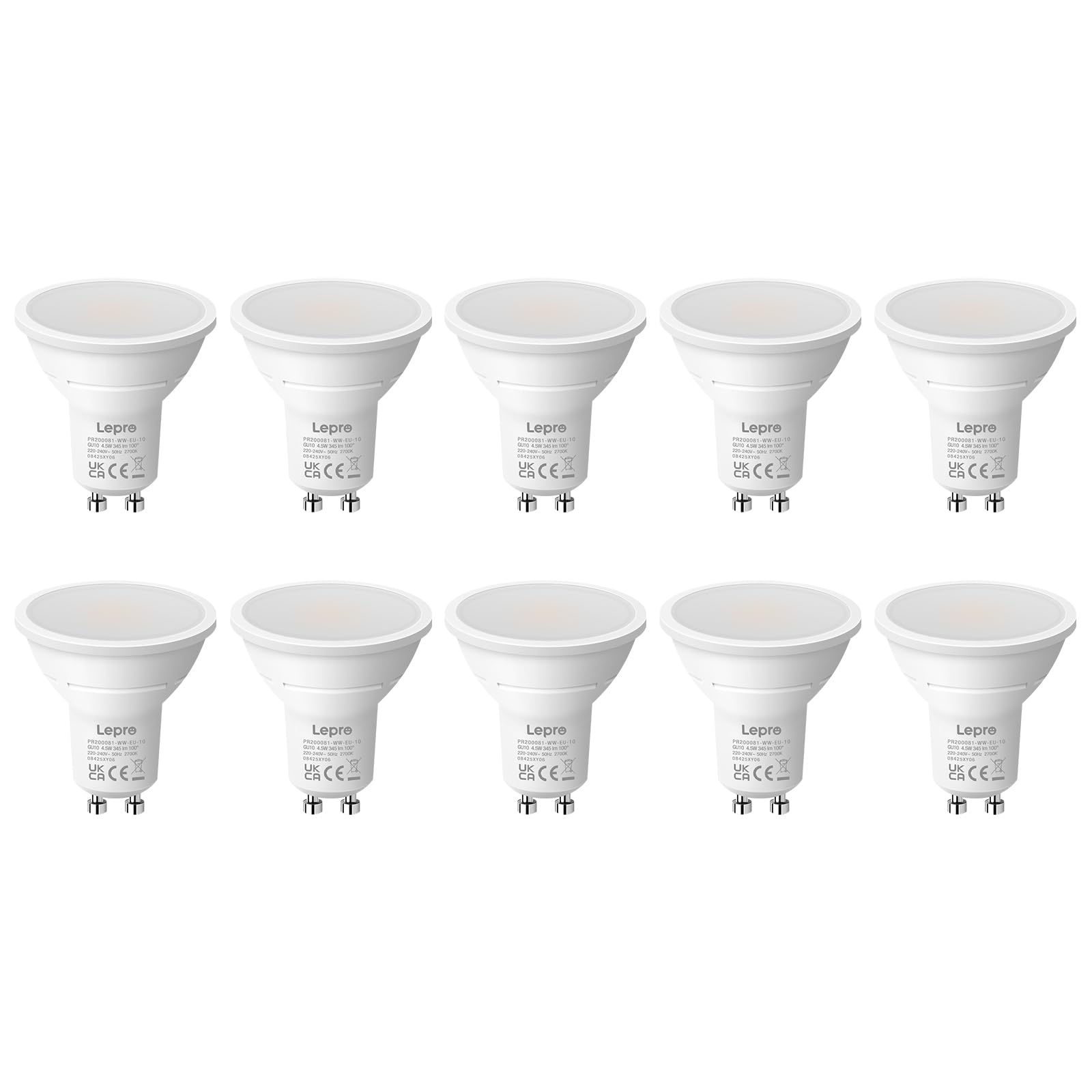 Lepro GU10 LED Bulbs, Warm White 2700K, 4.5W 345lm, 50W Halogen Spotlight Bulb Equivalent, Energy Saving GU10 LED Light Bulbs, 100° Wide Beam, Non-dimmable, Pack of 10