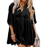 Melliflo Womens Velvet Dress Button Down T Shirt 3/4 Sleeve Tunic Tops Casual Lapel Babydoll Mini Dress