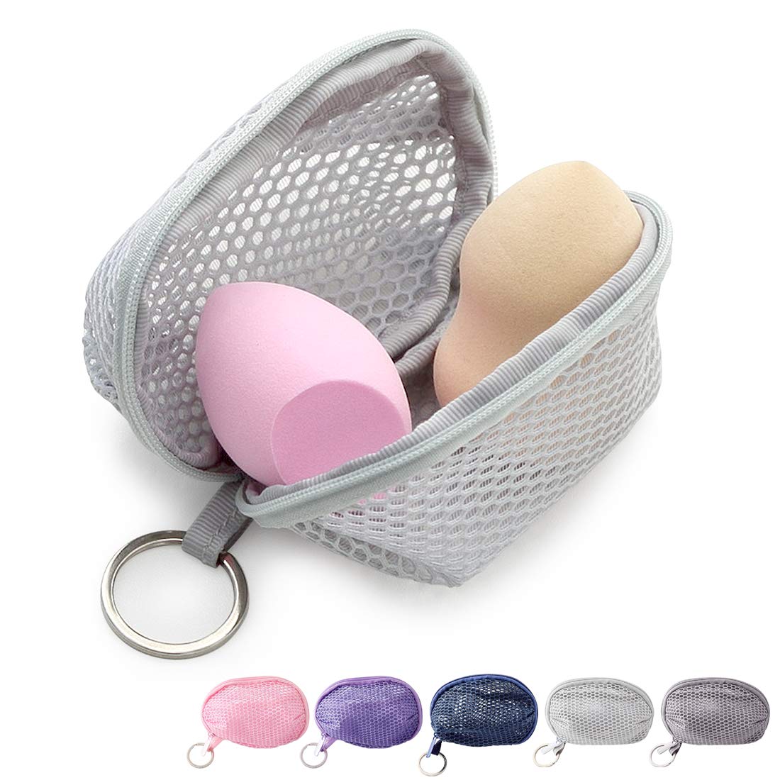 Kalevel Beauty Sponge Travel Case Mini Mesh Cosmetic Pouch Zippered Makeup Sponge Bag with Keychain for Women Girls (Light Gray)