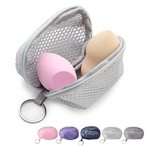 Kalevel Beauty Sponge Travel Case Mini Mesh Cosmetic Pouch Zippered Makeup Sponge Bag with Keychain for Women Girls (Light Gray)