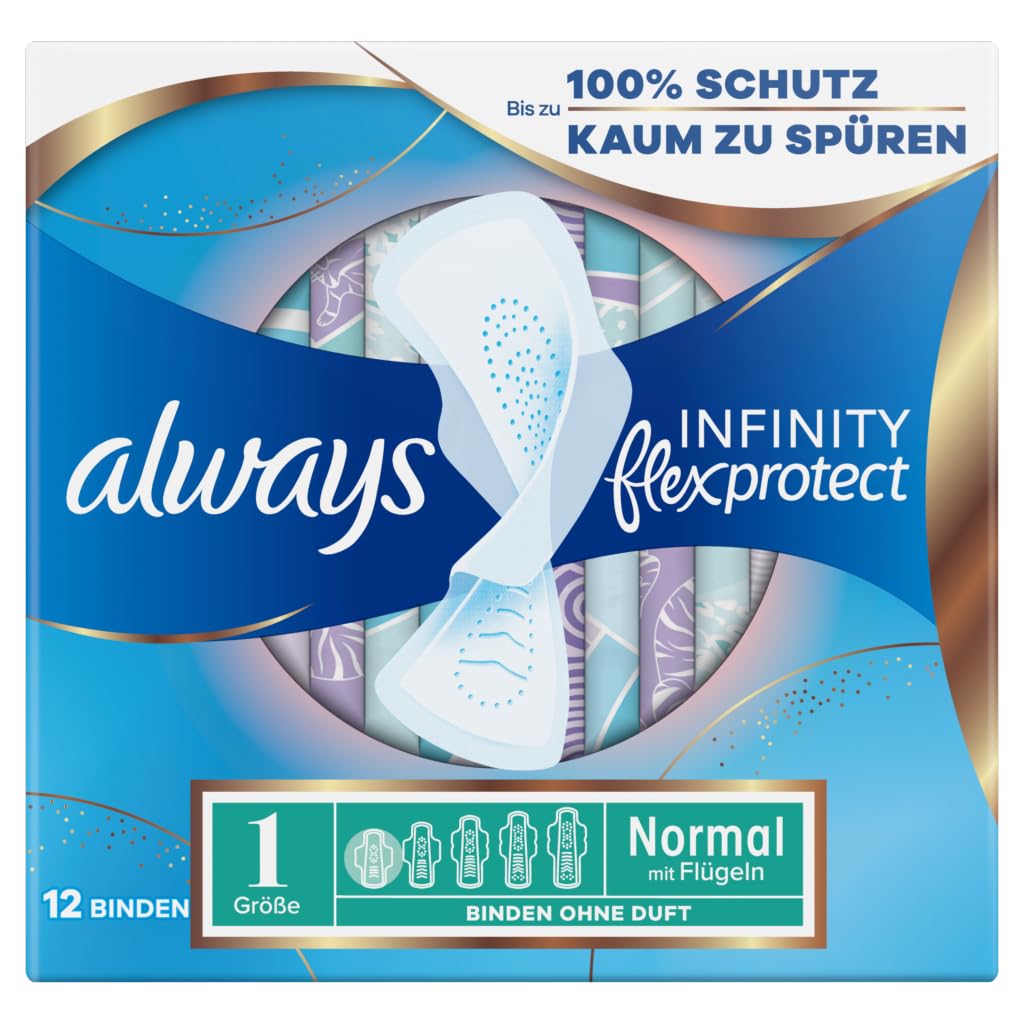 Always Infinity FlexProtect Pads Normal (Size 1) Sanitary Towels Wings 6x12 Pads Unscented, Up to Zero Feel, Up to Zero Leaks, Thin & Flexible Protection, Always' Softest Toplayer