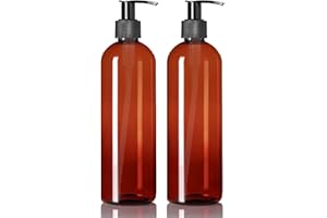 ljdeals 16 oz Amber Plastic Bottles with Pumps, Soap Dispenser, Slim, Tall Squeezable Refillable Containers for Shampoo, Lotion, Cream and More… Pack of 2, BPA Free, Made in USA