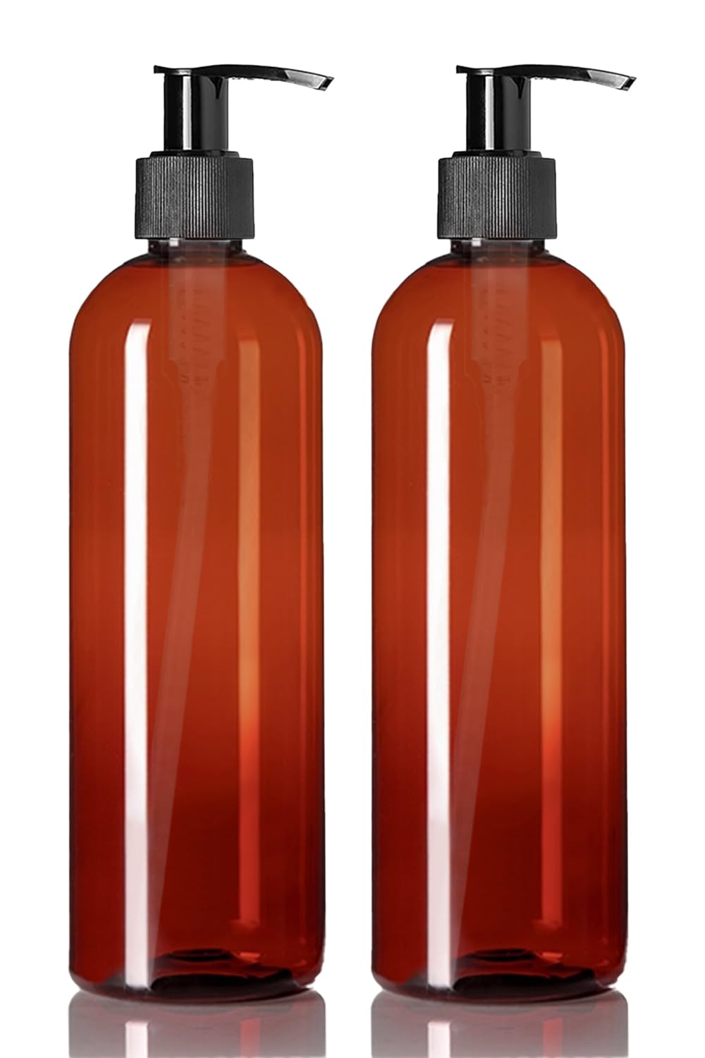 Photo 1 of ljdeals 16 oz Amber Plastic Bottles with Pumps, Soap Dispenser, Slim, Tall Squeezable Refillable Containers for Shampoo, Lotion, Cream and More… Pack of 2, BPA Free, Made in USA