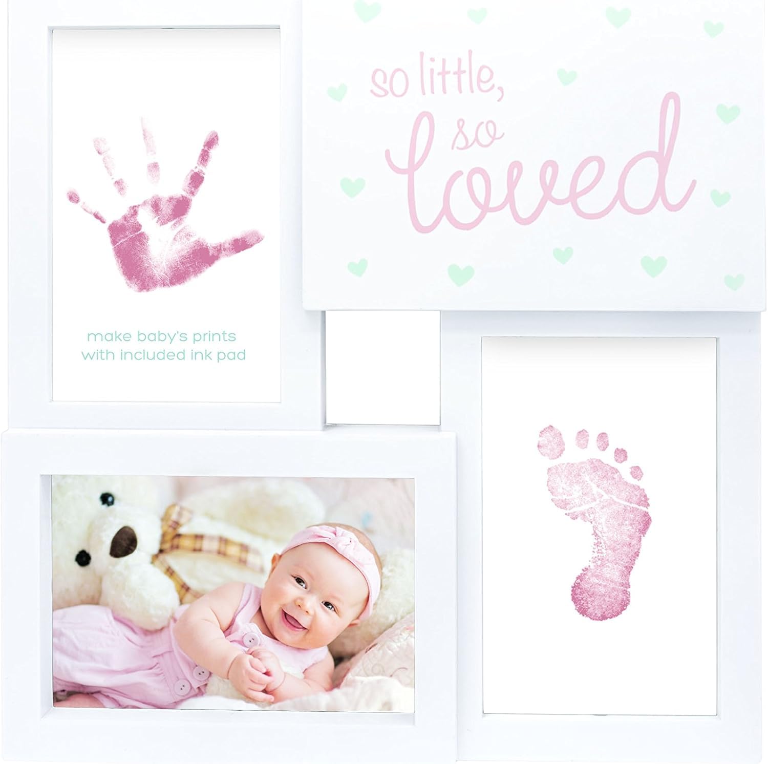Photo 1 of tiny ideas Baby Prints Collage Keepsake Frame With Included Ink Pad, Newborn Handprint And Footprint Nursery Decor, So Little So Loved, Pink/White
