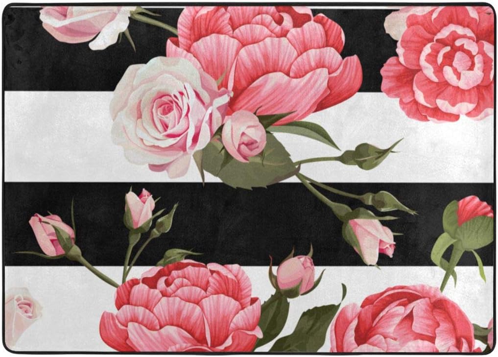 Raditional Bright Colorful Area Rug, Carpet 8460 in -Floral Pink Peony and Rose Flower Green Leaves On Black White Stripes