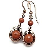 Pillar of Salt Studio Handcrafted Solid Copper Earrings with Red Jasper Gemstone (Antiqued Copper, 1" drop)