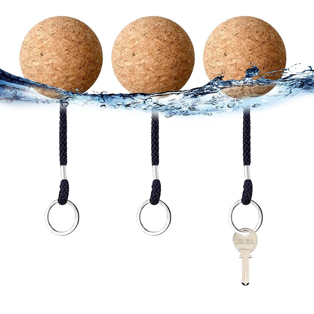 QUUPY 3 Pcs 53MM Floating Cork Ball Key Rings, Wooden Key Float Water Sport Accessories,for Surfing Swimming Diving etc Sport,Black