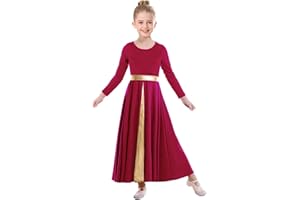 ZYACTU Girls Long Sleeve Praise Dance Dress Metallic Gold Liturgical Worship Costume Lyrical Costumes Church Robe