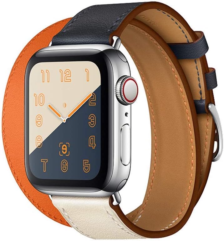 CRLIN Compatible/Replacement for Apple Watch Band 44mm 40mm 42mm 38mm Series 5/4/3/2/1 Double Tour Replace for iWatch Strap Leather Bands (Double -Indigo/Craie/Orange, 42/44)
