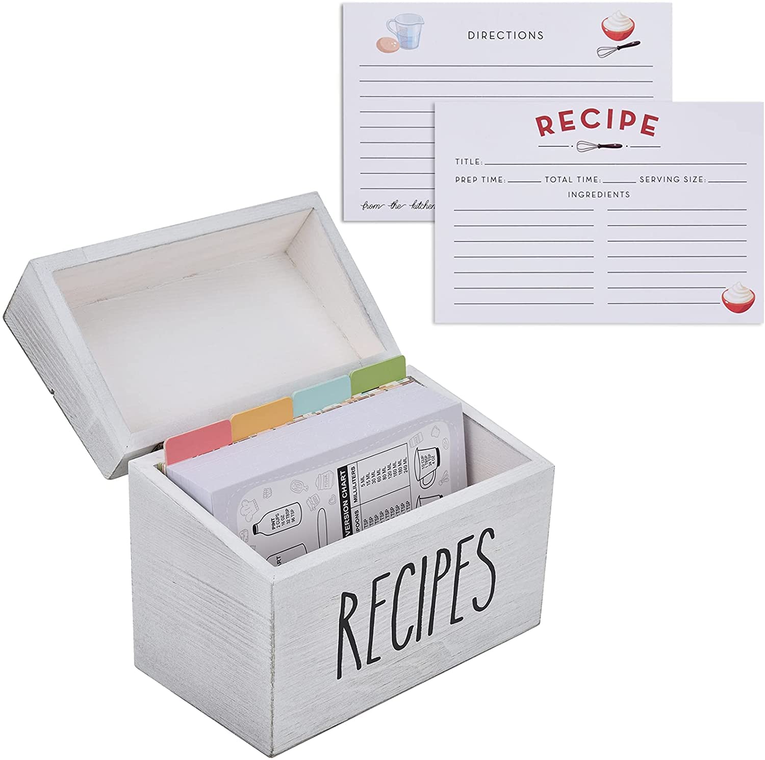 hoziel Farmhouse White Recipe Box with Cards and Dividers - Vintage Recipe Card Box with 100 4x6 Recipe Cards 12 Dividers Plus Conversion Chart Cooking,Kitchen,Wedding,Bridal Shower,Mom,Wife