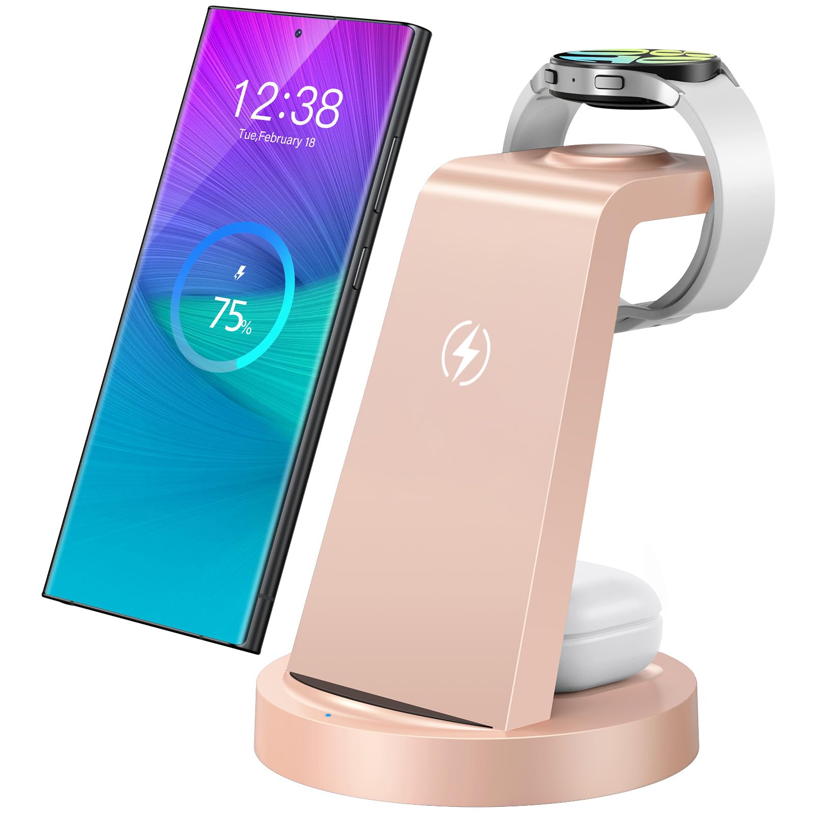 Photo 1 of Wireless Charger for Samsung: 3 in 1 Wireless Charging Station for Samsung Galaxy Watch 8 7 6 5 4 3 Pro Classic Galaxy Buds - Rose Gold