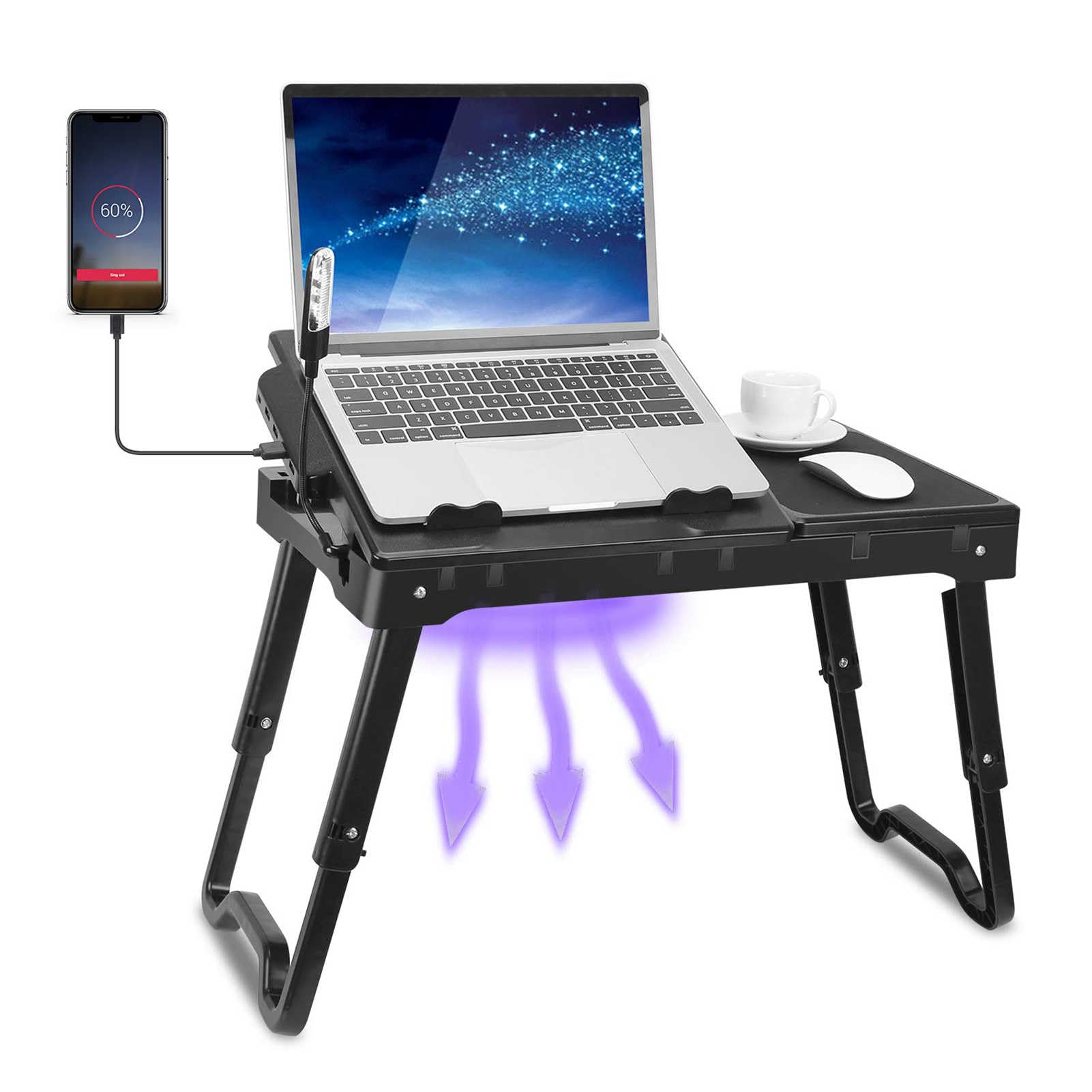 TeqHome Escritorio para ordenador portátil para cama, mesa ajustable con ventilador, escritorio portátil, patas plegables, soporte para sofá, bandeja con luz LED, 4 puertos USB, almacenamiento, alfombrilla para ratón