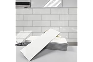 Avant Decor | 24 Stone Composite Subway Solid Color Peel and Stick Kitchen Backsplash Tiles | 4' x 12' Bex Metro Glossy Cotton | 8 sqft