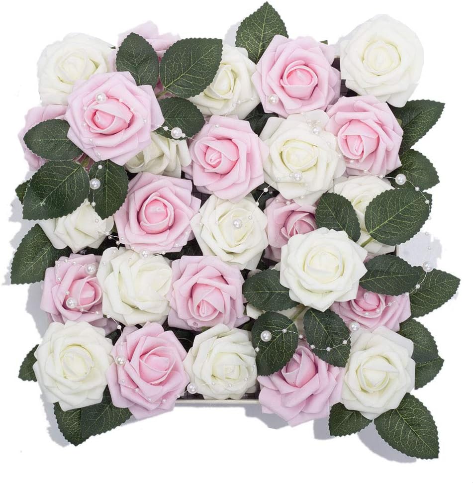 Meiliy 60pcs Artificial Flowers Pink + Ivory Roses Real Looking Foam Roses Bulk w/Stem for DIY Wedding Bouquets Corsages Centerpieces Arrangements Baby Shower Cake Flower Decorations