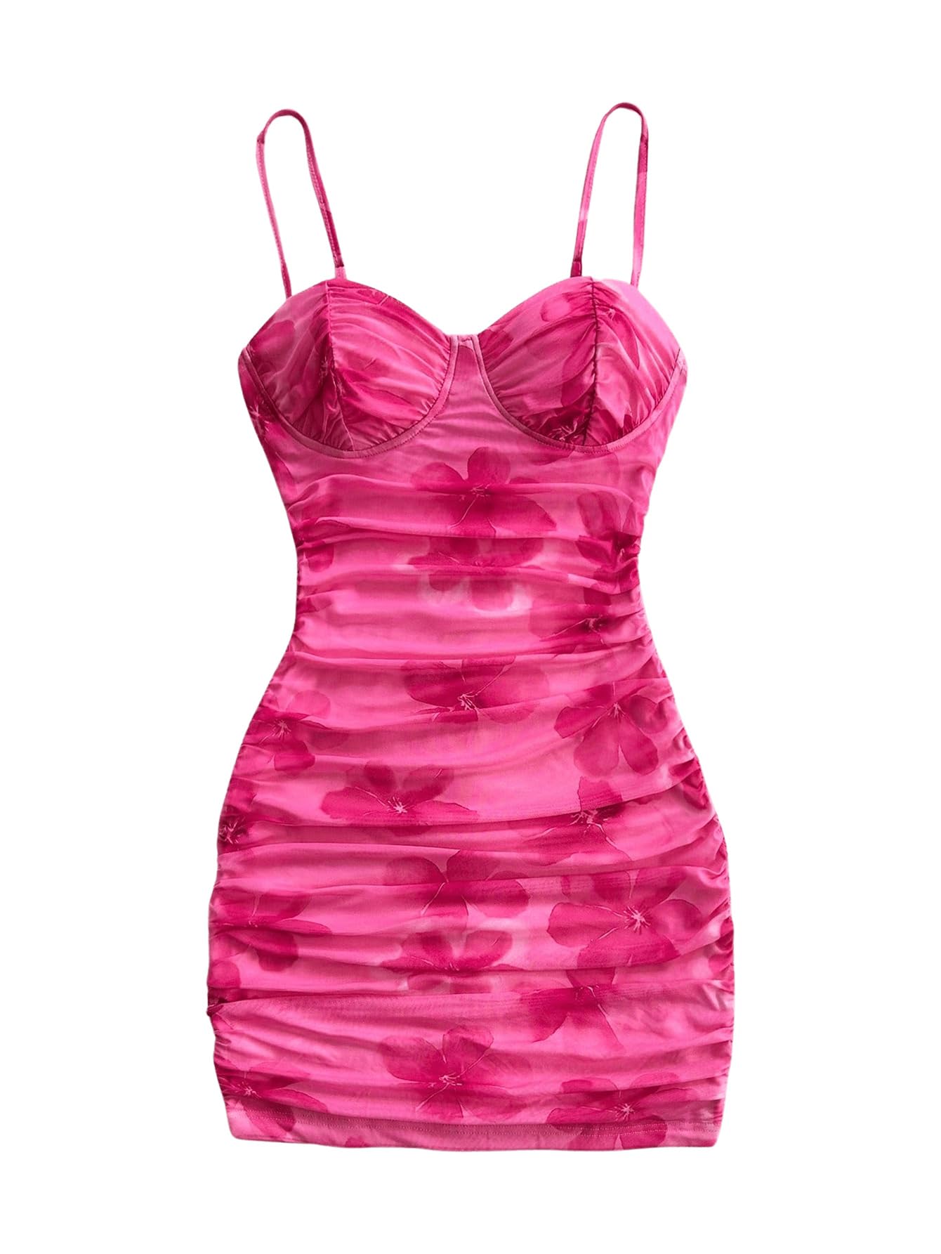 Photo 1 of SOLY HUX Women's Summer Floral Corset Dress Spaghetti Strap Ruched Mesh Bodycon Vacation Mini Dresses Hot Pink XL