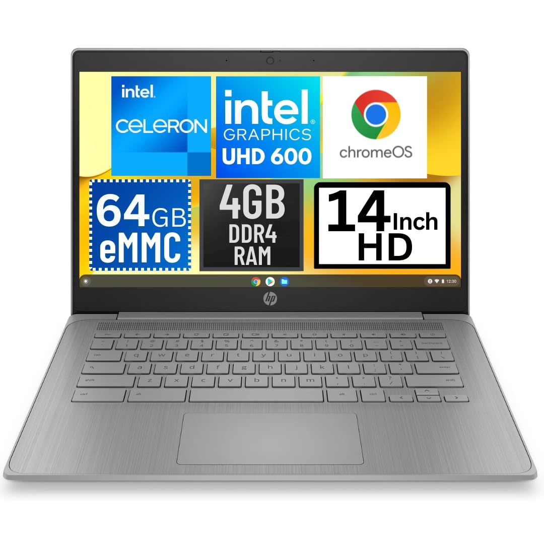 HP 14a-ne0013dx 14 Inch HD Chromebook Laptop Intel Celeron N4120 1.1GHz 4GB DDR4 RAM 64GB eMMC Intel UHD Graphics 600 Wi-Fi Bluetooth Webcam HDMI USB C Ports Chrome OS (Renewed)