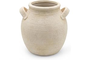 Sawoake Vintage Ceramic Vase with Handle, 8 Inch Farmhouse Rustic Pot, Retro Table Centerpiece for Coffee Desk, Living Room B