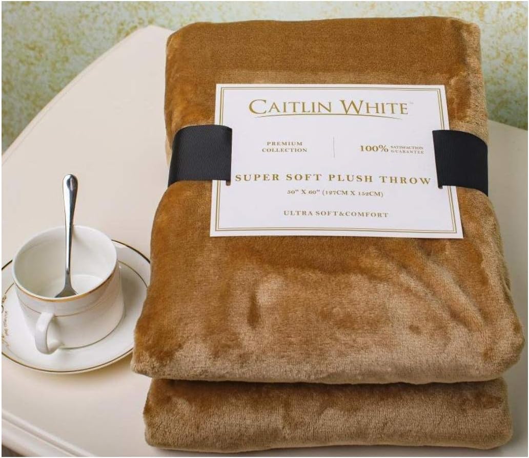 Caitlin White Throw Blanket for Couch/Sofa/Bed, Luxury Super Soft Microplush Velvet, 50"x60", Khaki
