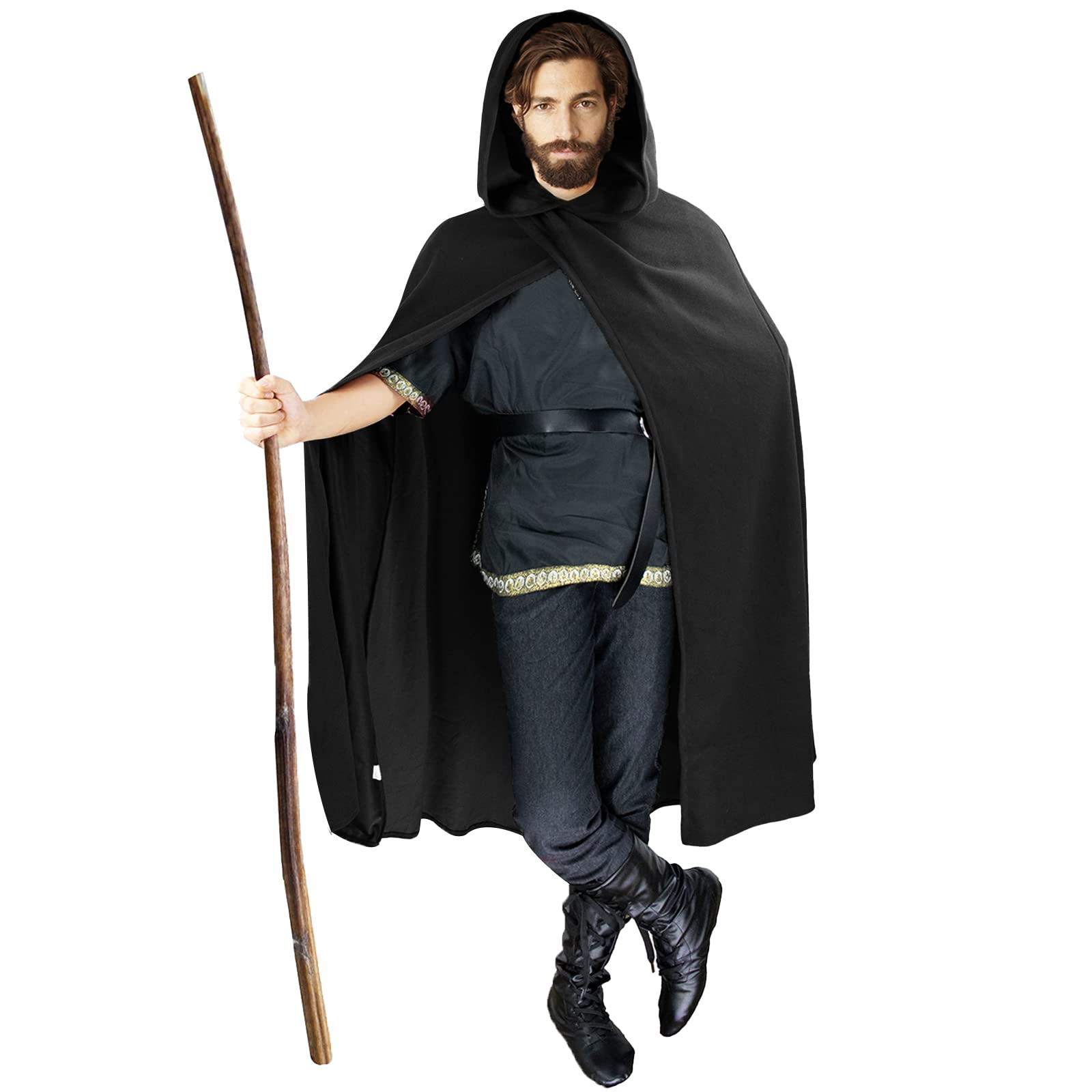 FSUJWOA Renaissance Hooded Cape Medieval Costumes with Hood Cloak Halloween Costume (Black, Style-1)