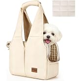 Dog Purse Carrier for Small Dogs and Cats, Soft-Sided Pet Tote Bag with 6 Large Pockets, Collapsible Travel Puppy Carrier with Small Cushion, Fits Pets up to 6 lbs (Beige, 13.6" L x 6.6" W x 10" H)