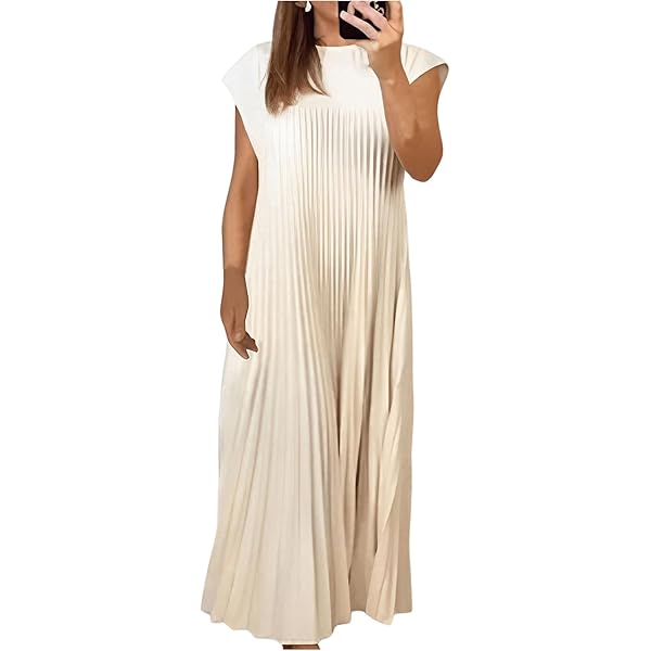 LZIALBM Women's Summer Pleated Maxi Dress 2024 Casual Cap