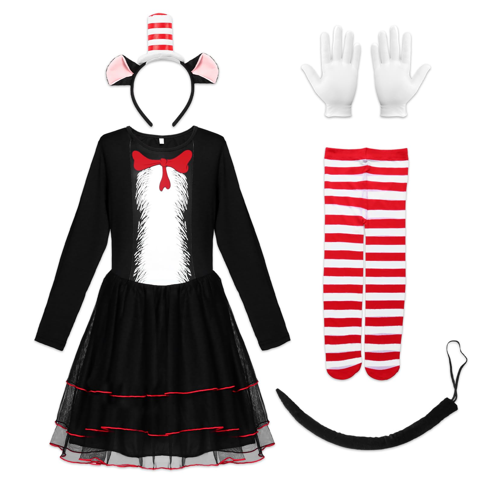 SERTAS World Book Day Costume Set for Girls with Dress,Headband,Tail,Tights and Gloves for Storybook Dress Up and School Events