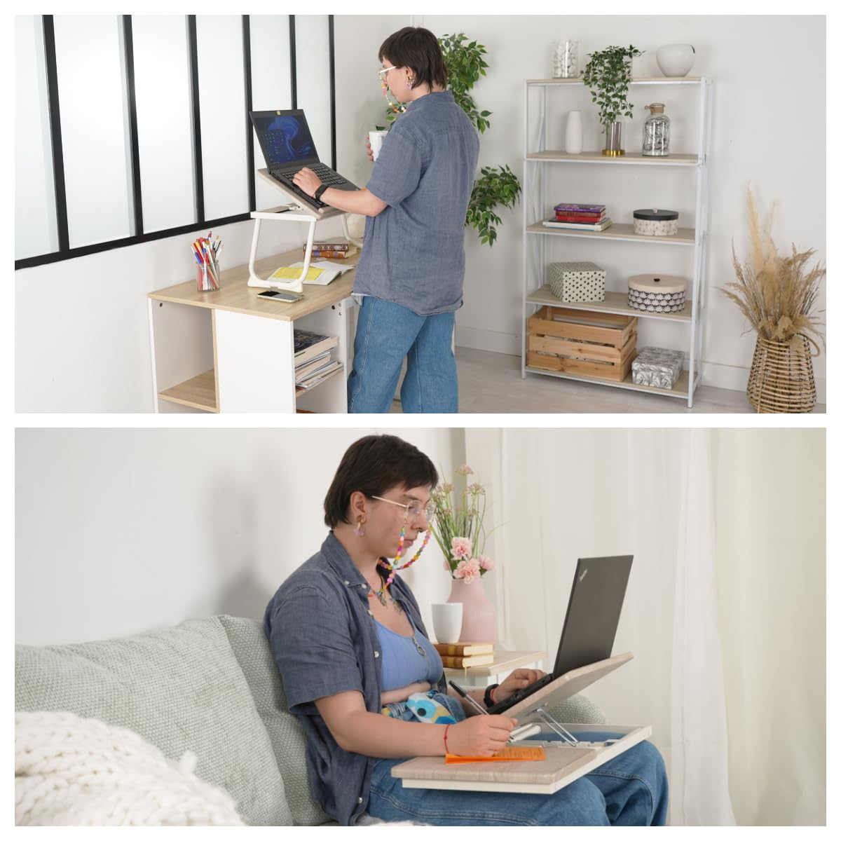 MEUBLE Cosy Laptoptisch Frühstückstablett Höhenverstellbar Betttisch Laptopständer mit klappbaren Beinen für Sofa und Bett, Naturfarben + Weiß, 65x30x27.5cm 3