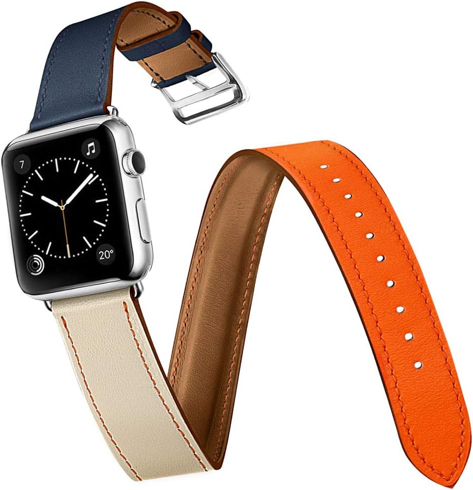 Texscope Compatible with Genuine Leather Double Tour iWatch Band Smart Watch Band Replacement iwatch Series 3/2/1 Men Women 38mm 42mm (Orange/Indigo/Craie, 42MM)