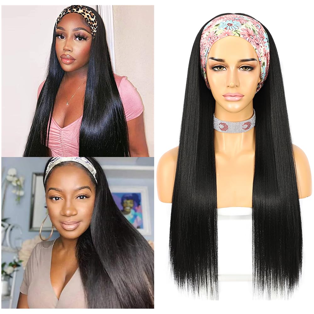 Sapphirewigs Straight Headband Wigs for Women Black Synthetic Glueless Light Yaki Headband Wig Heat Resistant 26 inch
