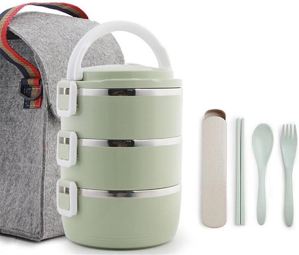 Luckyfree Stainless Steel Multifunctional Preservation Box Food Storage Container Lunch Box Food for Work Lunches Picnic Travel Camping Beach Stainless Steel Adult Students, Green 3-Layer Bag