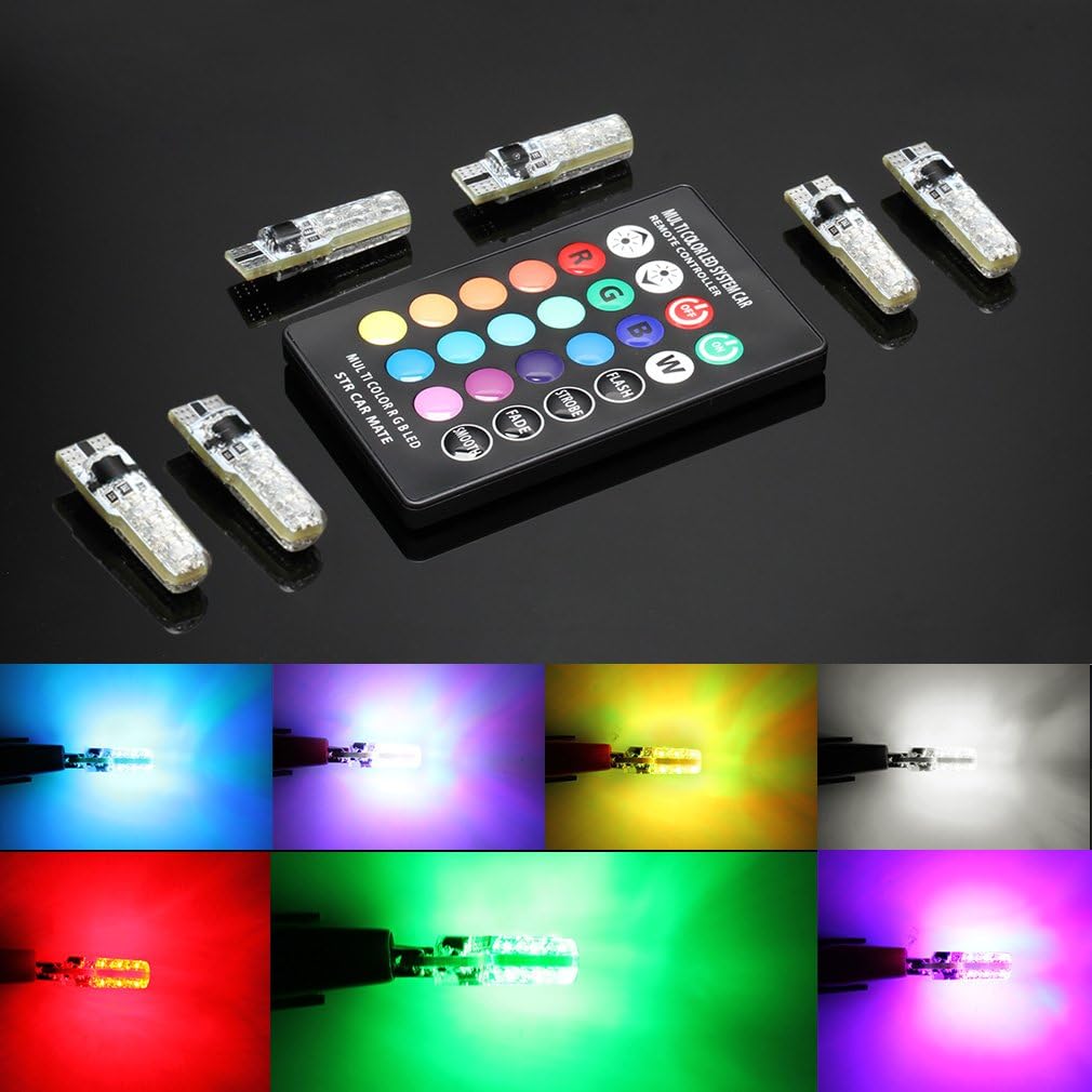 6pcs 194 T10 LED Atmosphere lights, W5W RGB LED Bulbs with Remote Controller RGBW 501 194 168 6SMD 5050 Silicone Strobe light Use for Reading light, Roof light, Trunk light,Interior light