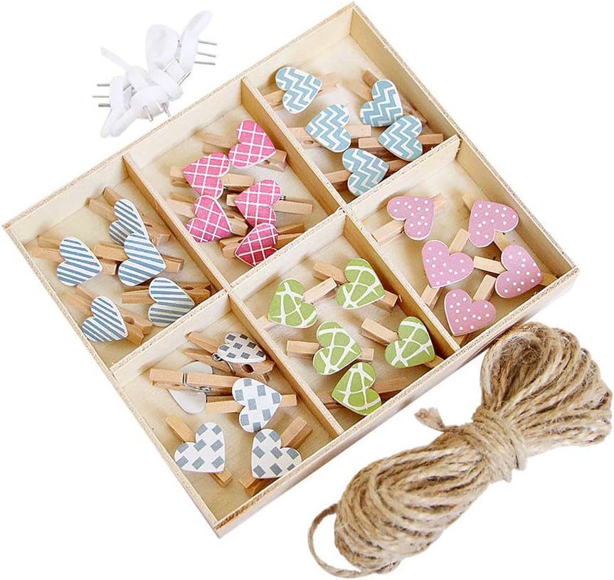 Ruiting Wooden Clip Heart Shape 30Pcs with Jute Rope Mini Photo Paper Peg DIY Craft Colorful Heart Photo Clips