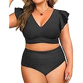 Daci Plus Size Two Piece Bikini Swimsuits - High Waisted Tummy Control Women Bathing Suits with Ruffle Sleeve Swimwear